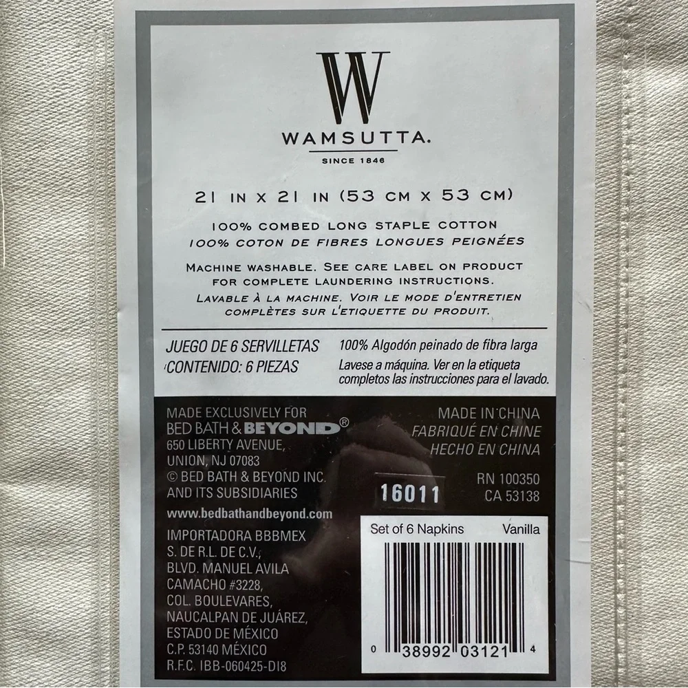 Wamsutta Oversized Restaurant Quality Set of 6 Napkins- 21 x 21 in-Vanilla NIP